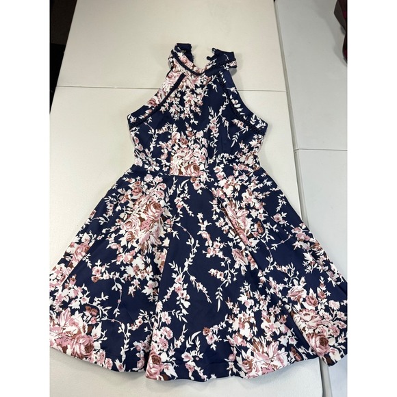 B. Darlin Navy Floral Fit & Flare Dress – Size 7/8 – High Neck Crochet Trim - Picture 3 of 12
